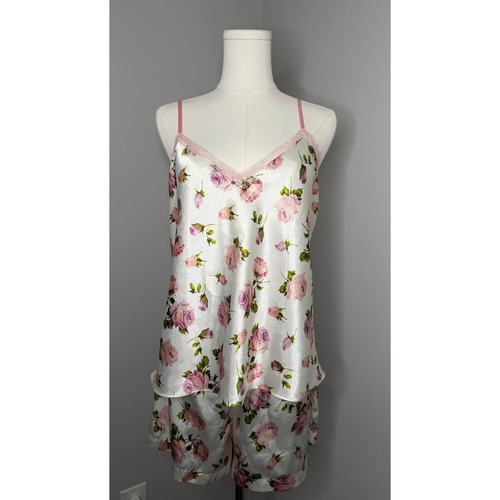 Secret Treasures Rose Print Satin Sleepwear Set Large Pink Floral Pajamas L